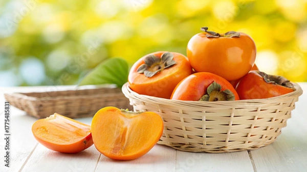 Fototapeta Still life of ripe persimmon fruits in a basket on a wooden table, showcasing their vibrant orange color against a blurred natural background