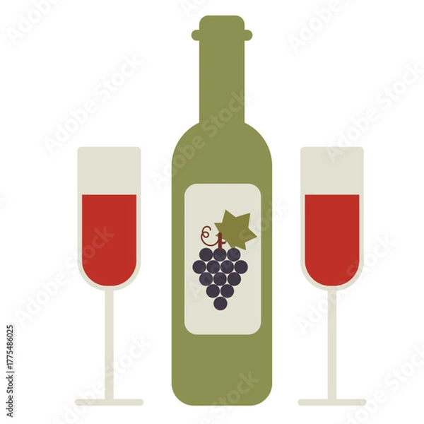 Fototapeta Illustration of wine bottle with two glasses filled with red wine. Perfect for autumn menus, restaurant design, invitations, posters, and festive promotions.