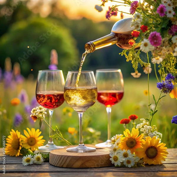 Fototapeta Pouring wine into glasses on a wooden board surrounded by colorful flowers