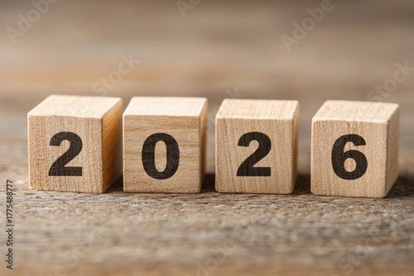 Fototapeta Wooden blocks spell out the year 2026 representing future goals planning and new year celebrations on a rustic wood background