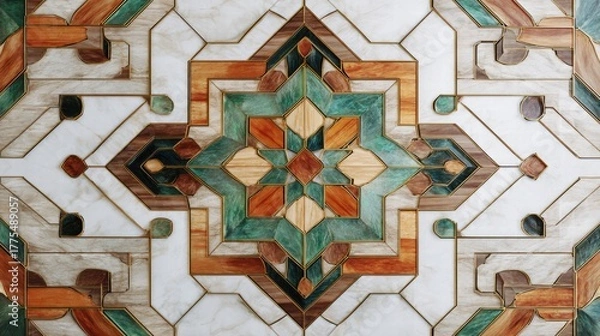Obraz Intricate Luxury Geometric Star Mosaic Tile Pattern with Marble, Wood, and Teal Stone Inlay