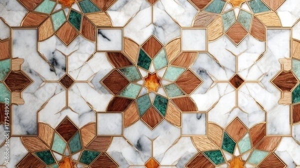Obraz Luxury Geometric Mosaic Pattern with White Marble, Wood, and Teal Stone Inlay