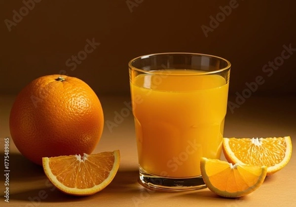 Obraz Bright, refreshing orange juice in a clear glass alongside fresh citrus fruit segments. Perfect for healthy breakfast or snack ,sweet ,breakfast ,plain background