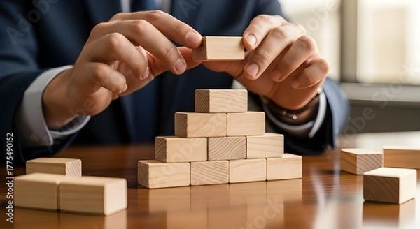 Obraz Businessman building a pyramid of wooden blocks on a table for business concept