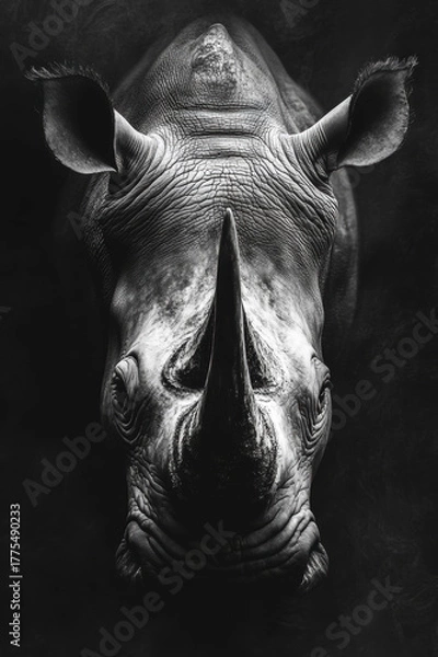 Fototapeta Rhino portrait on contrasting black and white backgrounds in wildlife setting