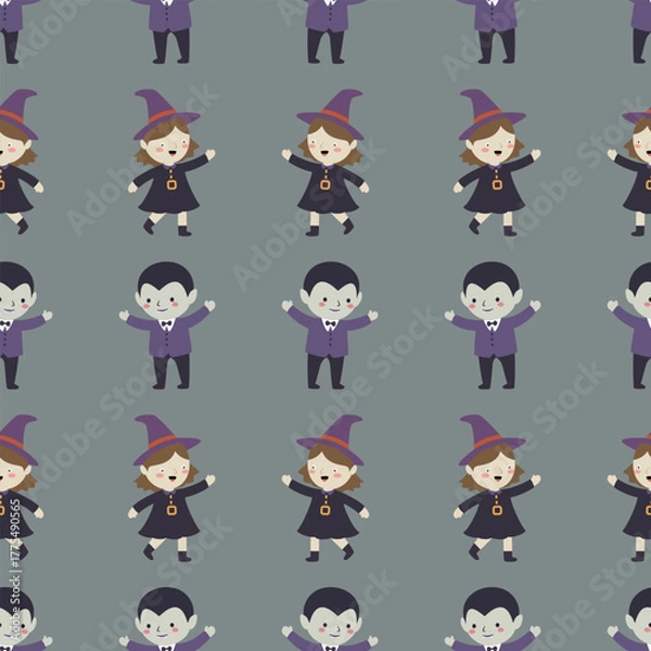 Fototapeta A cute, seamless vector pattern featuring cartoon Halloween characters on a medium gray background. Perfect for children's fabric, wrapping paper, or Halloween projects.
