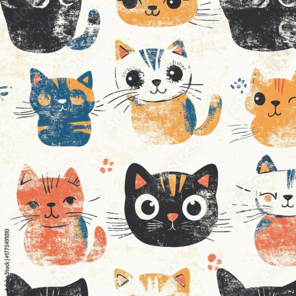 Fototapeta Cute cartoon cat seamless pattern background illustration