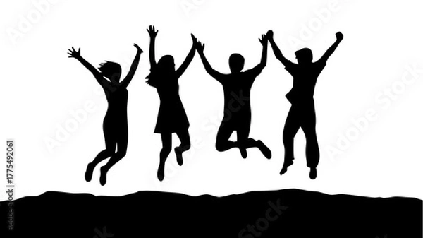 Fototapeta Silhouette of four friends jumping for joy, celebrating success and happiness together, perfect for conveying teamwork, freedom, and youthful energy, vector graphics