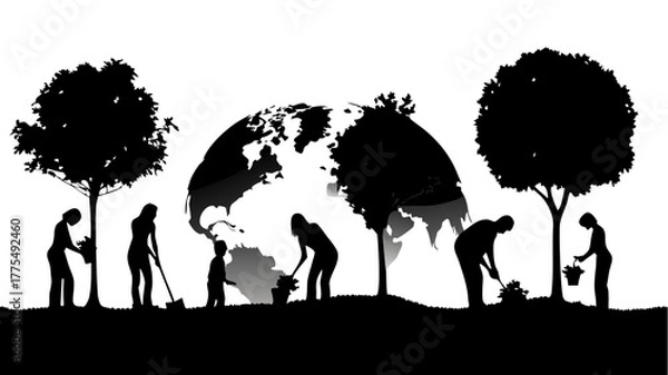 Fototapeta Silhouette of community planting trees for Earth Day, nurturing the planet, and fostering environmental care for a sustainable future together