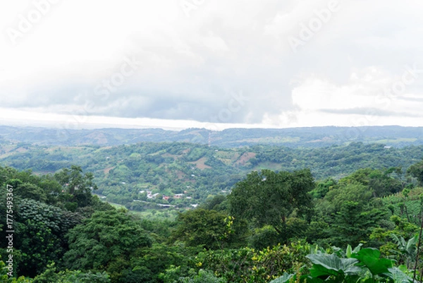Obraz Central American natural landscape photograph taken on a semi-cloudy day from the mountain height with small birds in the distance