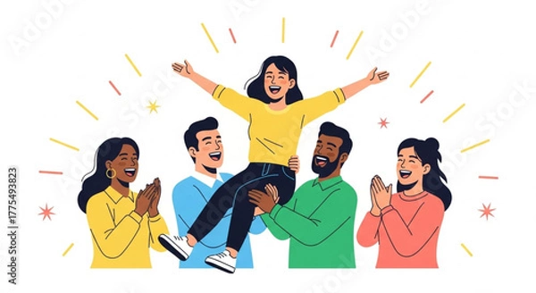 Obraz Team celebrating success together with confetti and balloons in flat illustration