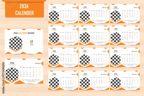 Fototapeta 2026 Modern Desk Calendar Template | Minimal Business Flyer-Style Annual Desk Calendar