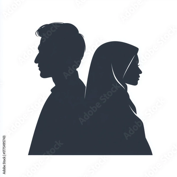 Fototapeta Silhouette of a man and woman back to back with the woman wearing a hijab in a simple vector graphic