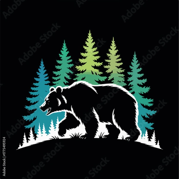 Obraz Wild animal silhouettes: a wolf and bear in the forest, illustrating mammal and nature's wildlife in black white vector drawings