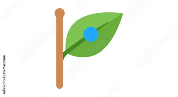 Fototapeta Green leaf with blue dot on a brown stick, simple illustration.