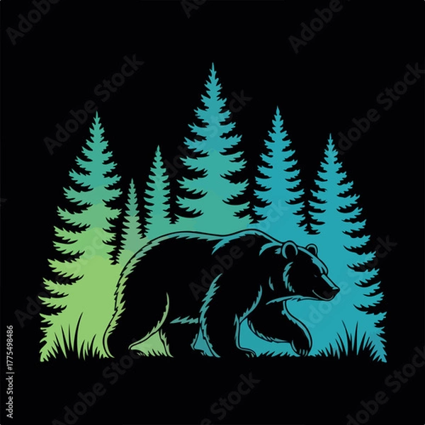 Fototapeta Black bear silhouette vector drawing on a tree in the wild forest nature illustration