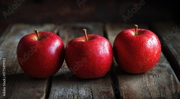Fototapeta Three red apples on rustic wood (3)