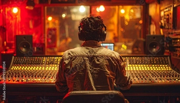 Fototapeta Sound Technician Adjusting Dials in Low-Lit Amber Recording Booth