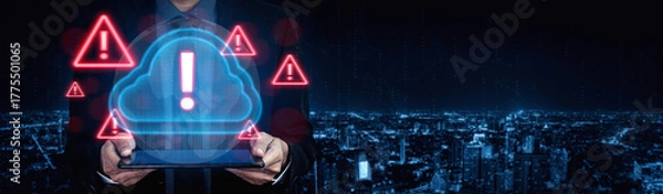 Obraz Red alert triangles over a blue cloud icon, symbolizing cloud security threats, system warnings, and data protection risks in digital environments Parse
