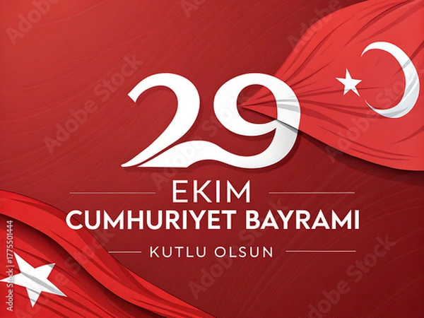 Fototapeta Graphic design for Turkey national day, bold red 29, EKIM, stars, ribbon icon, Turkish flag, on red background.