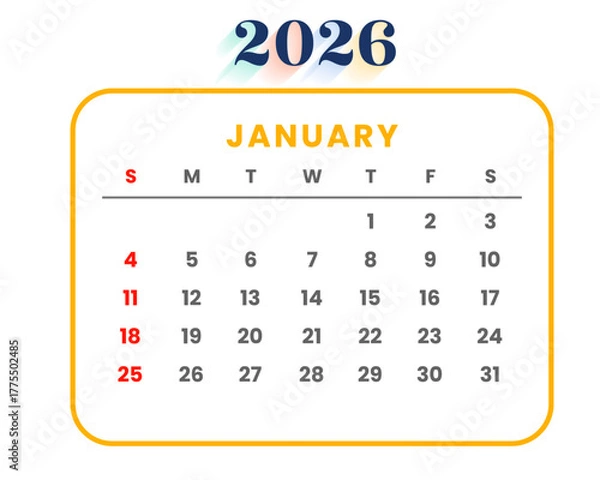 Fototapeta January 2026 Monthly Calendar Template Vector Illustration with Modern Design