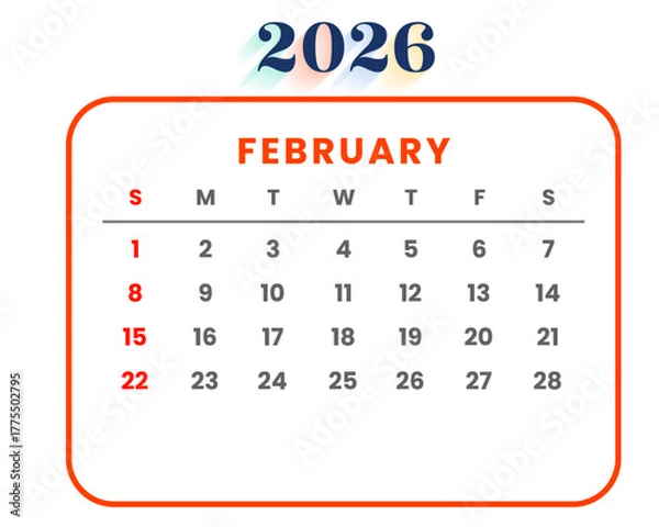 Fototapeta February 2026 Monthly Calendar Vector Template with Red and Orange Modern Design