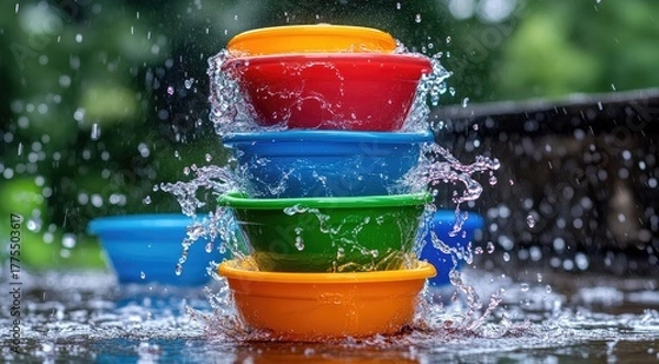Obraz Colorful bowls stacked high, water splashing