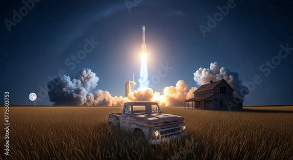 Fototapeta Cinematic landscape of an old farmhouse and classic truck in a wheat field at night, massive rocket launching behind the house with fiery explosion and dense blue-orange smoke