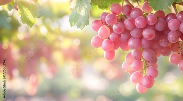 Fototapeta Pink grapes cluster on vine in sunlight (1)