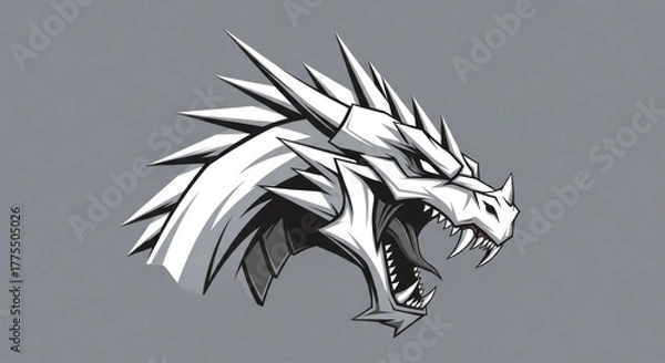 Obraz Stylized dragon head illustration in black and white against gray background