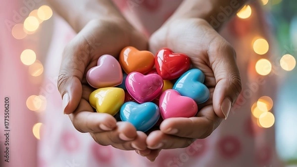 Fototapeta Hands holding colorful heart shapes with bokeh lights in soft focus background
