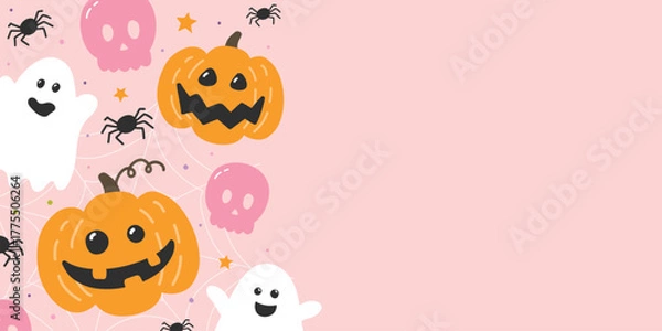 Obraz Halloween background with cute hand drawn pumpkins, ghosts and skulls in retro style. Vector illustration