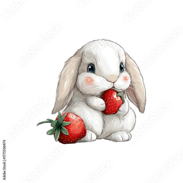 Obraz Adorable bunny rabbit eating strawberry cute cartoon illustration of sweet little animal with big eyes and fluffy fur isolated on white background
