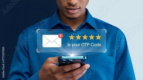 Fototapeta Man checking phone receives otp code for online verification and security