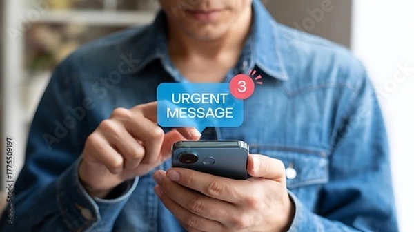 Fototapeta Person receives urgent message notification on smartphone screen