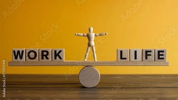 Fototapeta Work life balance concept shown by wooden blocks and figurine on scales