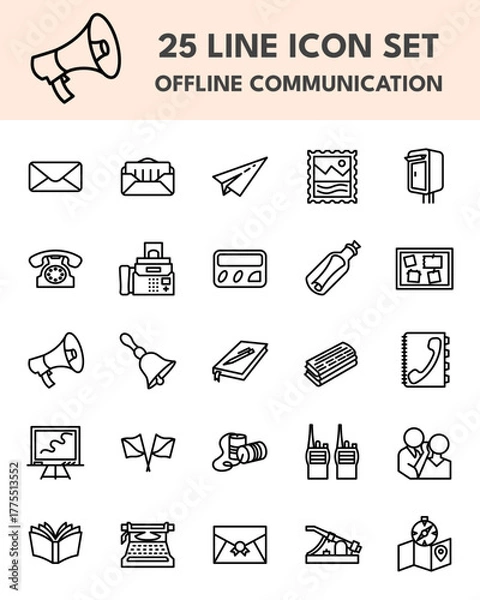 Fototapeta vintage analog icon set mail telephone paper document communication media symbol retro offline interaction concept minimal outline style