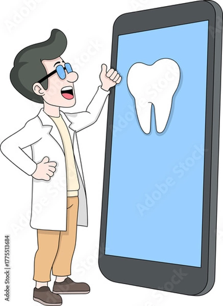 Obraz Dentist Character Explaining Dental Care Online Tooth and Smartphone Vector Illustration