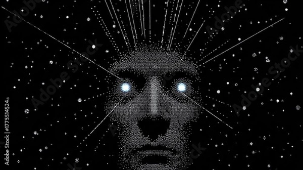 Fototapeta A grayscale image of a face, detailed with tiny dots, set against a backdrop of radiating light and countless small points, evoking a sense of digital consciousness and cosmic connection.