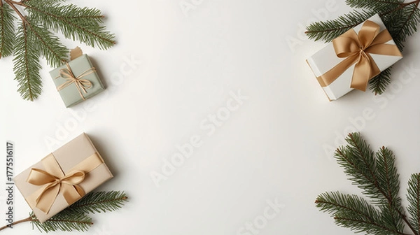 Fototapeta Overhead view of three elegantly wrapped gift boxes with gold ribbons and green pine branches on a clean white background, perfect for holiday greetings.