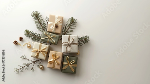 Fototapeta Elegant Christmas gift boxes with pine branches and golden decorations arranged on a clean white background, conveying festive holiday spirit.