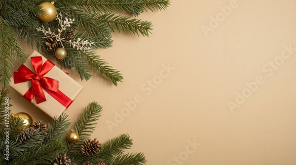 Fototapeta Christmas holiday background with festive pine branches, golden baubles, pinecones, and a gift box with a red ribbon on a light brown surface.