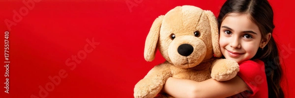 Obraz A young Hispanic girl with long dark hair hugs a plush golden retriever toy. The background is a vibrant red, creating a cheerful atmosphere.