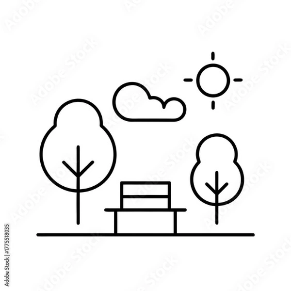 Obraz Park scene with bench trees and cloud silhouette