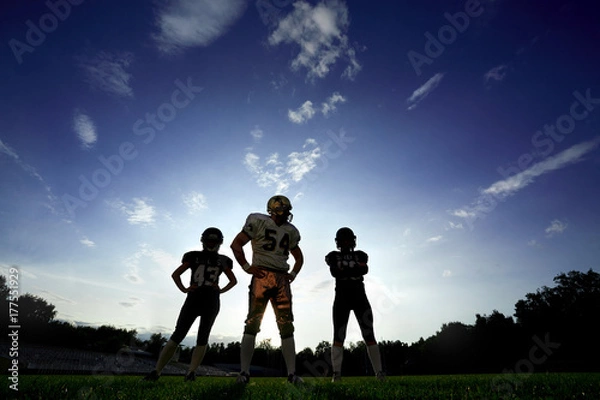 Obraz Players in American football are on the field against the sky at sunset.
