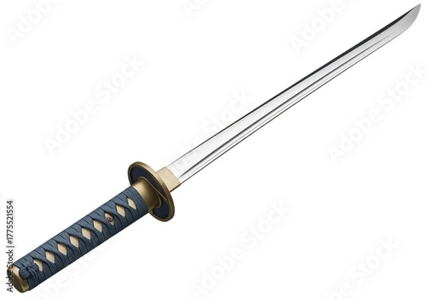 Fototapeta Sharp katana sword with textured handle displayed against a dark surface