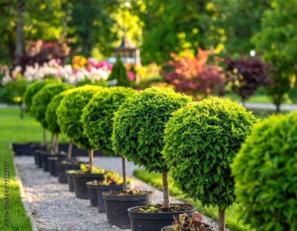Fototapeta Sunny garden scene with neatly trimmed shrubbery