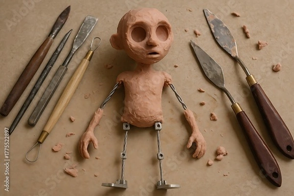 Obraz Stop-Motion Puppet Armature in Progress with Sculpting Tools