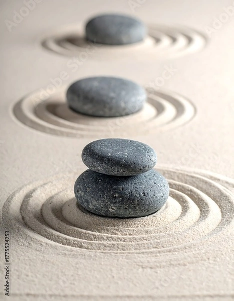 Obraz Zen garden with three layered circular patterns and balanced stones