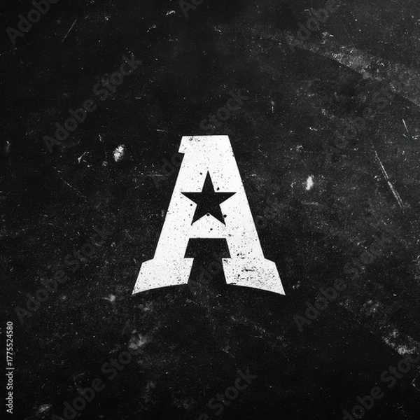 Fototapeta A grunge textured letter 'A' with star inset on a scratched, dark, weathered surface